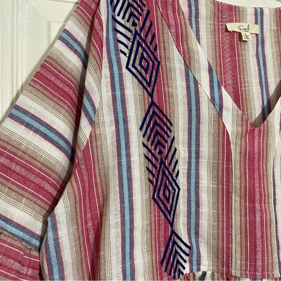 EASEL Striped Multicolor V-Neck Embroidered Tiered Dress with pockets | size L - Picture 3 of 10